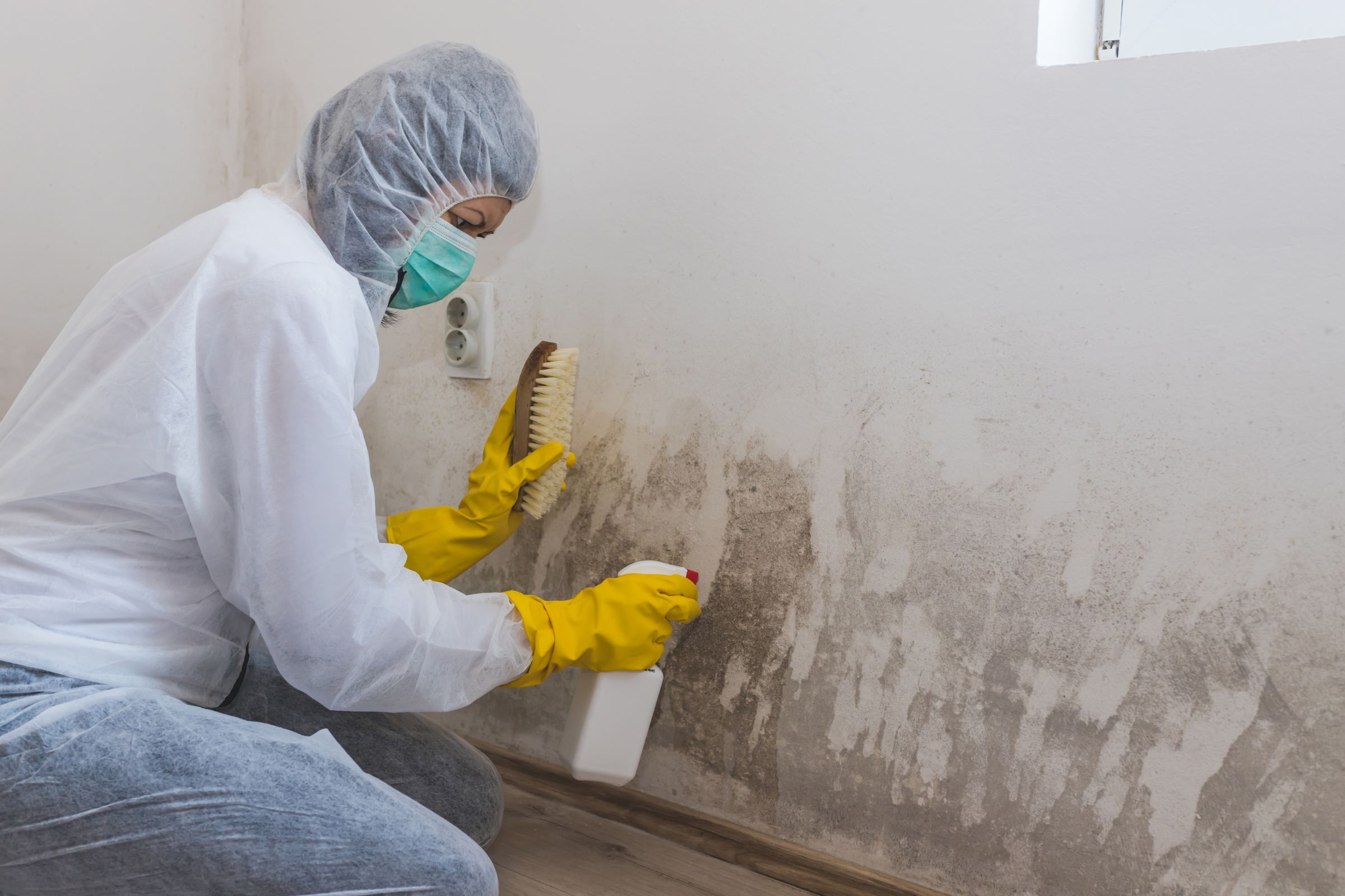 A woman wearing a white coat and rubber gloves sprays a wall, providing mold removal services in a Miami bathroom.